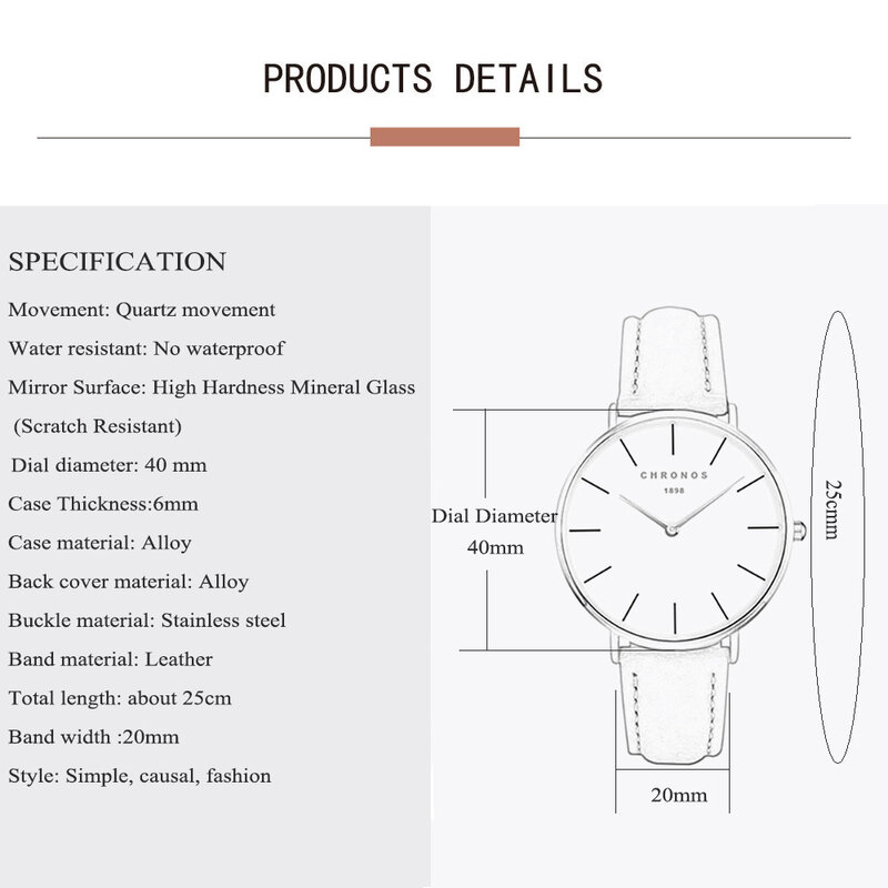 Women Watch Simple Dial Fashion Sewing Chronos Side Leather Strap Minimalist Red Pink Ladies Quartz Wristwatch CH02