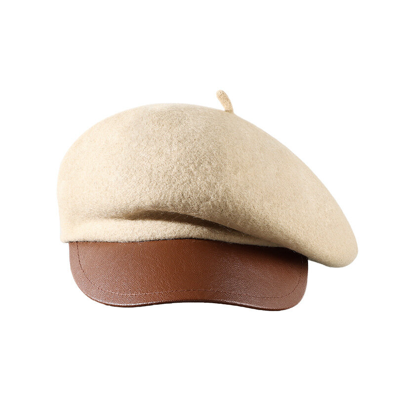 Retro Hat Female Cap PU Patchwork Color Japanese Leather Eaves Winter Wool Octagonal Hat British Woolen Beret Women