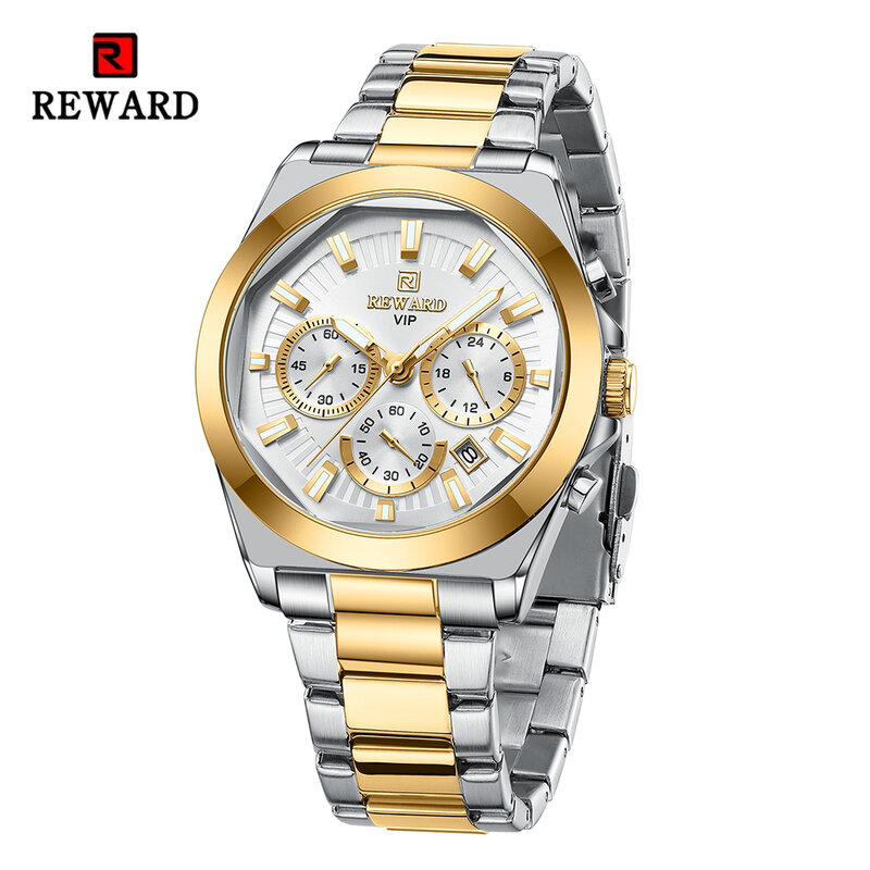 REWARD VIP nowy kwarc zegarki męskie biznesowy zegarek na rękę ze stalowy pasek nierdzewnej chronograf świecący wodoodporny zegarek z datą