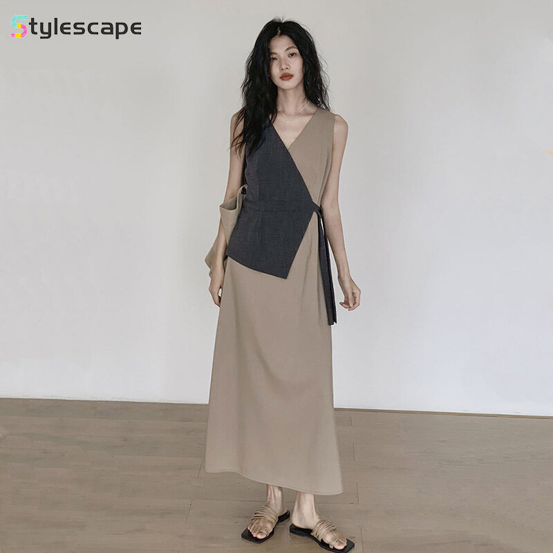 2024 Summer New Brand Fake Two Piece Contrasting Color Splicing Dress Women's V-neck High End Tie Waist Long Dress