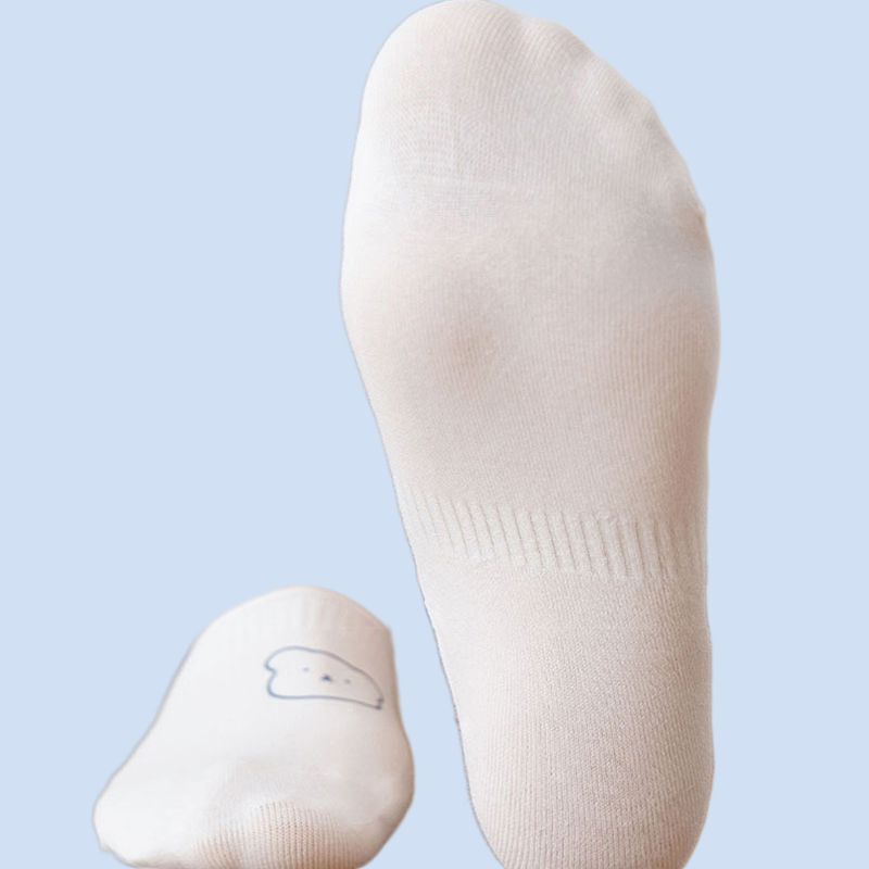 Kaus kaki tapak kartun wanita, 5 pasang putih sketsa tipis musim panas kaus kaki dangkal silikon Non-Slip kaus kaki kru tak terlihat