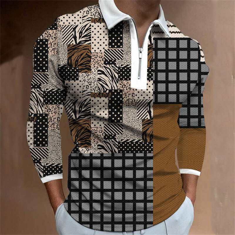 Мужская рубашка-поло с длинными рукавами и цифровым принтом