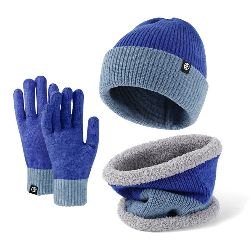Warm Knit Gloves Hat Scarf three-piece Men Women Alpaca Fleece double-sided Wearable Colour Blocking Ear Protection Winter Set