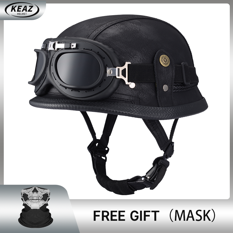 Factory Price Motorcycle German Style Leather Half Face Helmet DOT Approved Cap1/2 Shell Helmets+Goggles Open-Face Casque