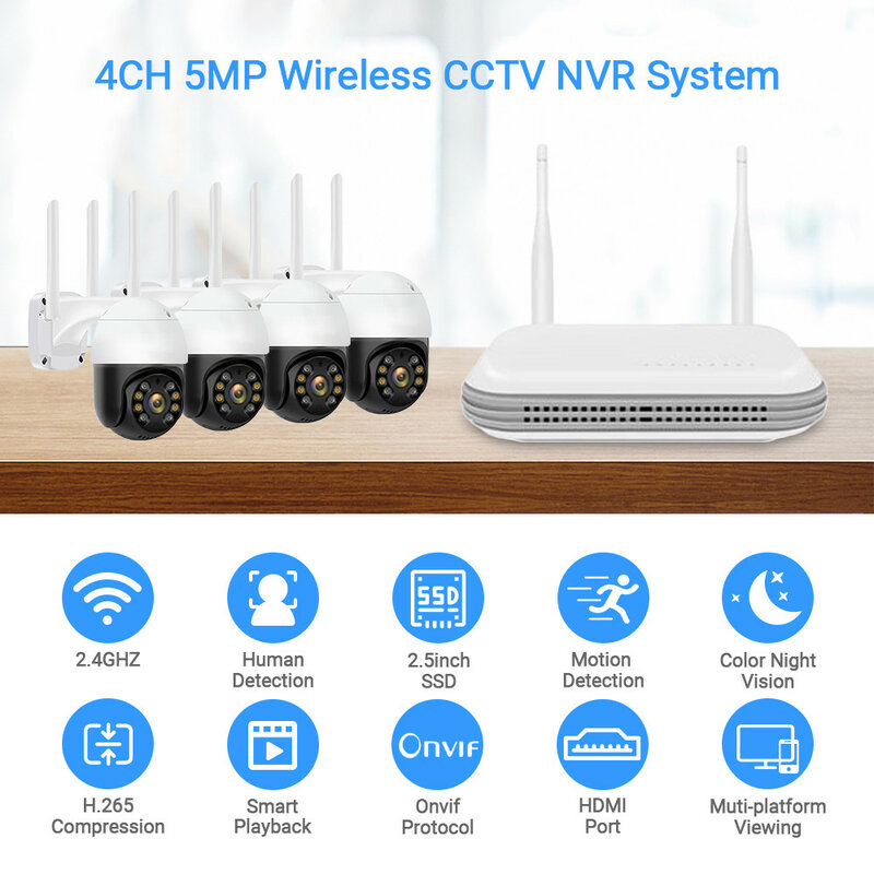 HAMROL-Kit de Câmera CCTV Sem Fio, 5MP, WiFi, PTZ, Câmeras IP, Áudio Bidirecional, Visão Noturna Colorida, Sistema XMeye Home, 4CH