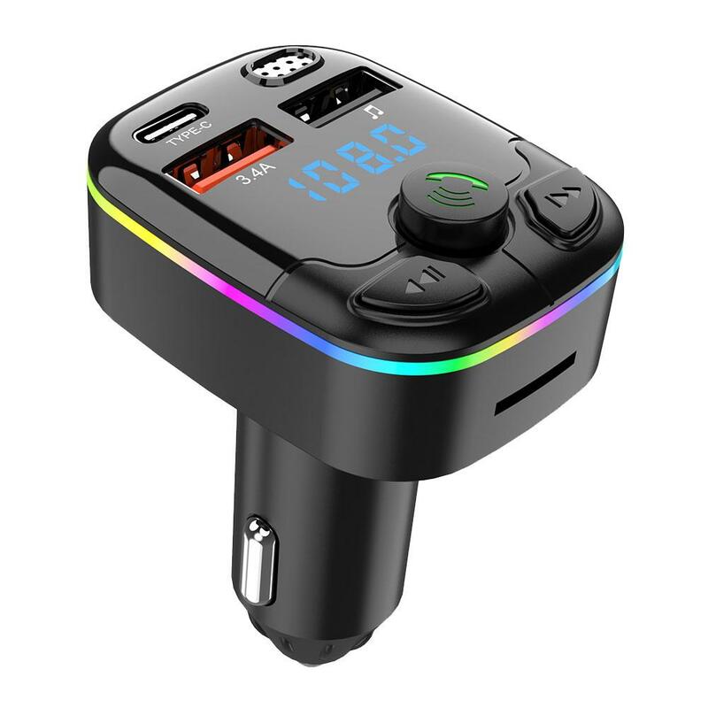 차량용 블루투스 5.0 FM 송신기 PD C타입 듀얼 USB 핸즈프리 MP3 변조기, 다채로운 3.1A 충전기 플레이어, 앰비언트 고속 조명 U3V0
