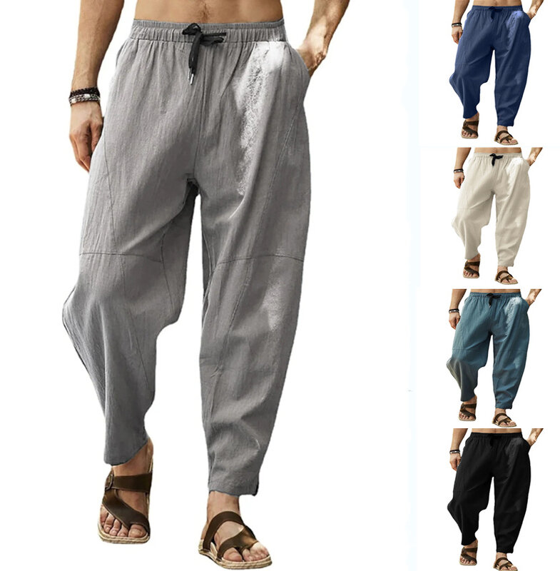 Celana panjang katun Linen untuk pria celana kargo lebar pakaian jalanan kasual olahraga Jogging pakaian pria celana olahraga