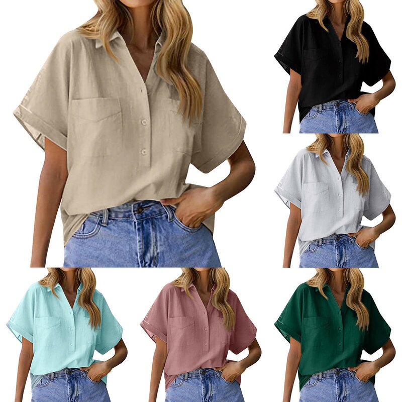 女性用のエレガントなコットンとリネンのシャツ,半袖のラペルブラウス,ゆったりとしたトップス,カジュアルなチュニック,無地のボタン,夏