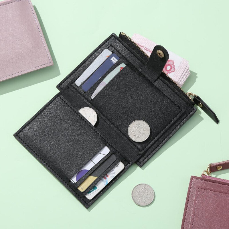 Billetera pequeña de cuero con cierre para mujer, monedero pequeño con cierre de cremallera, soporte para múltiples tarjetas, sólido, a la moda