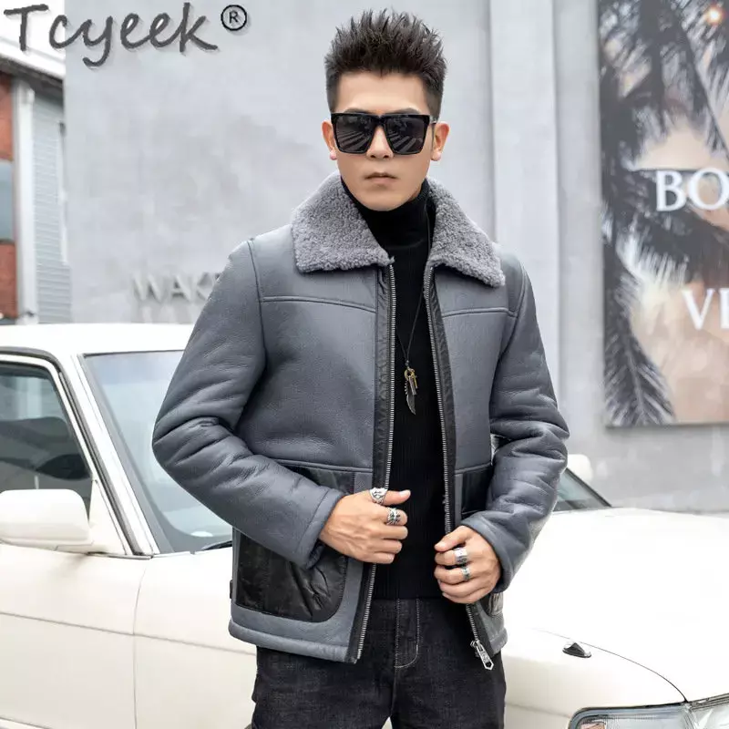 Tcyeek-Casacos de pele naturais masculinos, jaqueta quente de motocicleta, pele de carneiro genuína, casaco curto