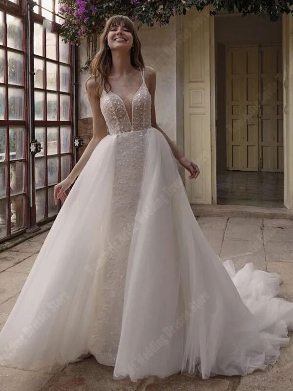 Boho białe suknie ślubne damskie Deep-V popularne koronkowe naklejki syrenka suknie ślubne jasne powierzchniowe księżniczka Vestidos De Novias 2024