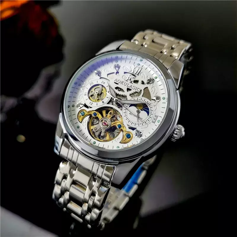 AOKULASIC-reloj de pulsera para hombre, accesorio masculino con mecanismo automático de Tourbillon y esqueleto, complemento mecánico de marca de lujo