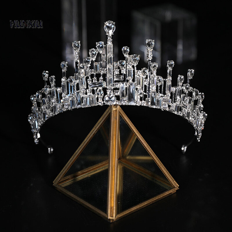 Akcesoria ślubne HUNXIU włosy Tiara Crystal diadem dla panny młodej złota srebrna korona welon ślubny zdobi delikatną biżuterię stroik