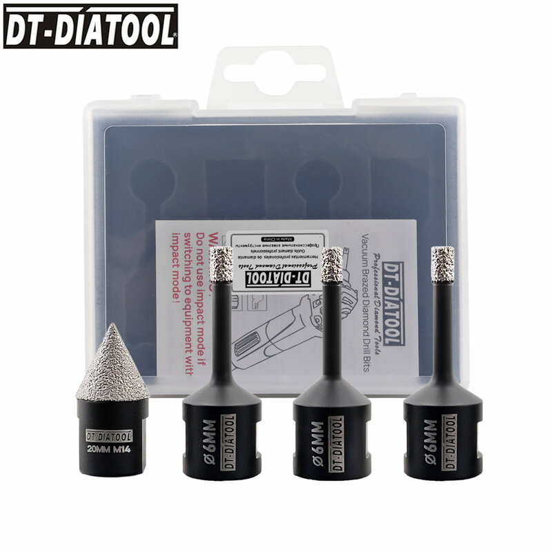 DIATOOL 다이아몬드 드릴 비트 세트, 상자 포함, 도자기 타일 화강암 M14 스레드 드릴 비트용 모따기 비트, 4 개, 6mm, 6mm, 6mm, 20mm