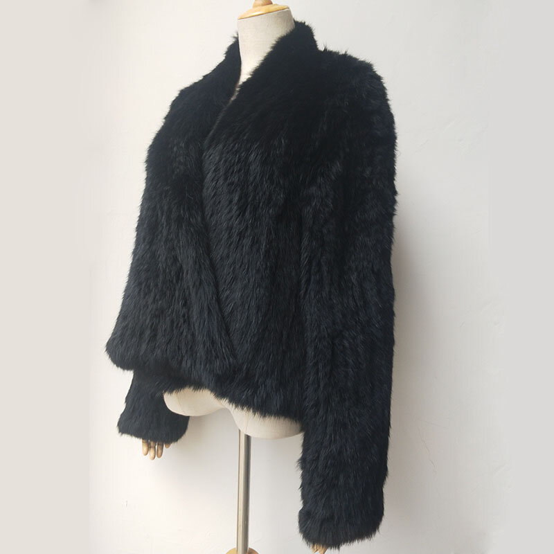 Casaco de pele de coelho real de malha feminino, jaqueta quente de manga comprida, moda genuína, inverno, 2024