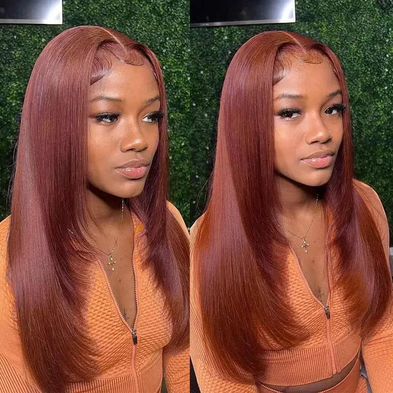 HD Straight Lace Front Wig Layered Wigs Reddish Brown Layered Cut Lace Wigs Copper Red Synthetic Butterfly Haircut Glueless Wigs