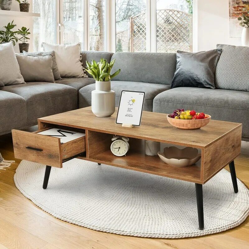Coffee Table, Mid Century Modern Style Cocktail Table TV Stand with Drawer, Open Storage Shelf