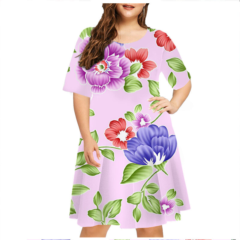 여성용 여름 식물 꽃 프린트 대형 드레스, 플러스 사이즈 반팔 드레스, 캐주얼 O-넥 미니 선드레스, 6XL