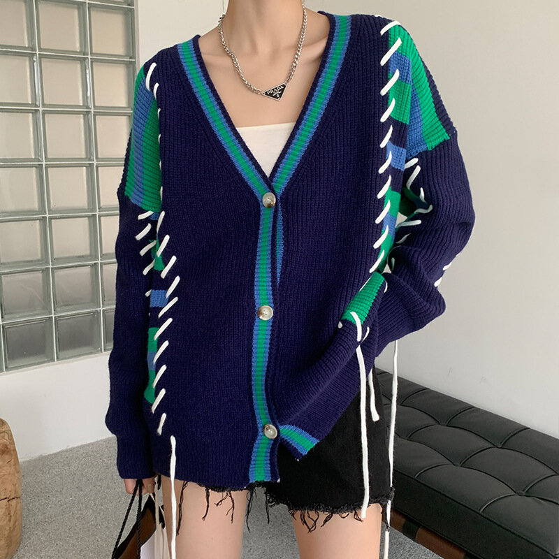 DAYIFUN Autumn Contrast Color Sweaters Women Splicing Tassel Tether V-neck Knitted Cardigan 2023 Fashion Single Breasted Sweater
