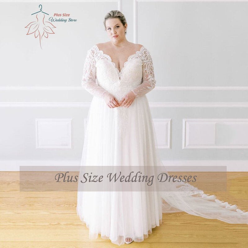 Exquisite Wedding Dresses Plus Size Deep V-Neck Sleeveless Bride Gown Tulle With Lace Applique A-Line Sweep Train Robe De Mariée