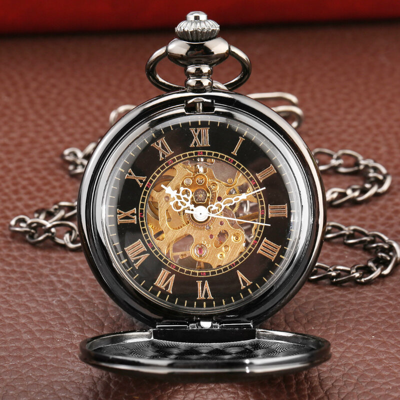 Vintage Charm Roman Numerals Mechanical Hand Winding Men's Pocket Watch Antique Stylish Thanksgiving Gift Retro Pocket Timepiece