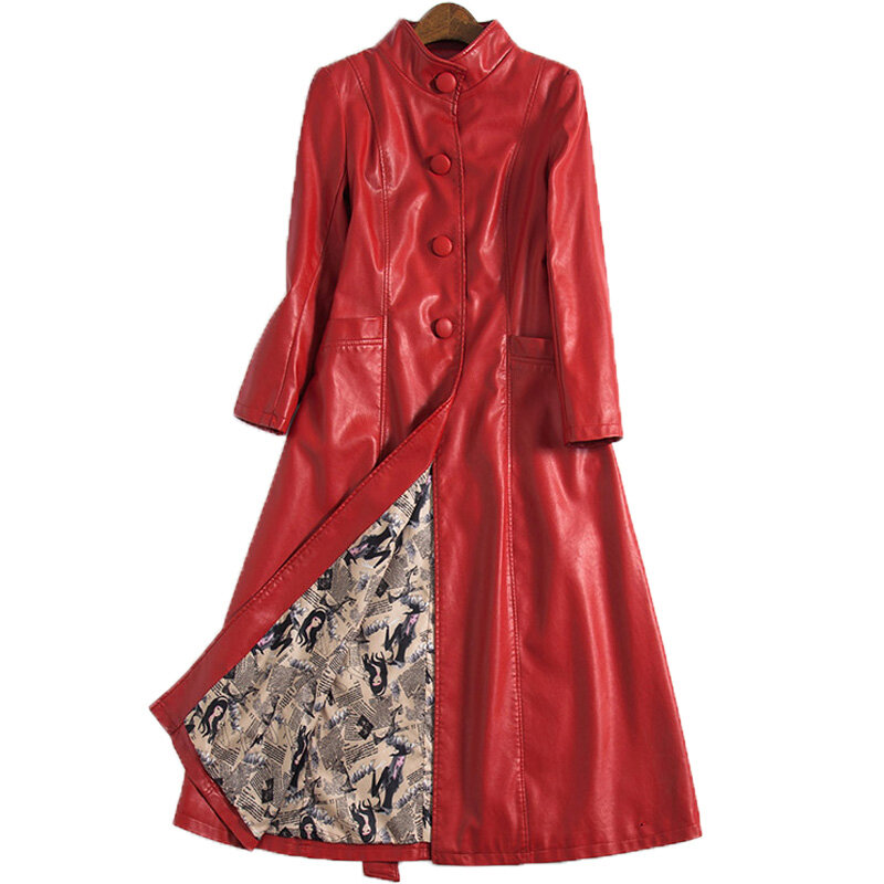 Новый Женщины Длинное кожаное пальто Осень 2024 Мода Однобортный Стройное Талия Кожаная куртка из овчины Спилок кожи Зимнее пальто