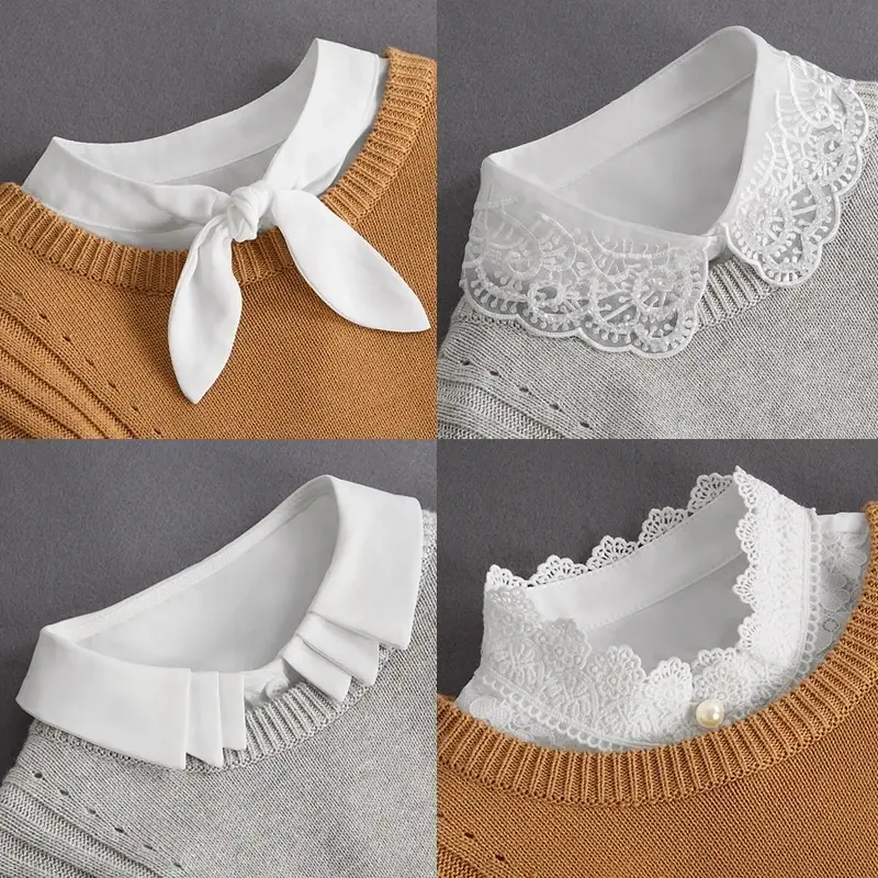 Blus kerah wanita palsu putih dasi depan 2023 mode kerah palsu untuk wanita kerah berdiri dapat dilepas anak perempuan Vintage renda kerah blus palsu