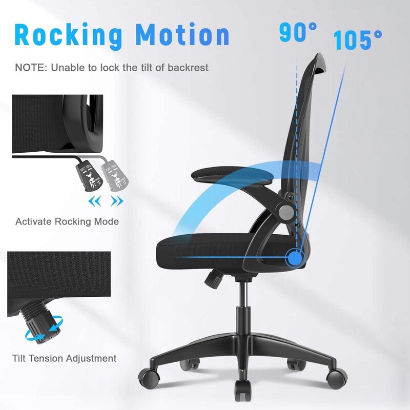 Kursi kantor ergonomis, kursi meja tengah belakang dengan tinggi yang dapat disesuaikan, kursi putar dengan lengan lipat dan penyangga pinggang