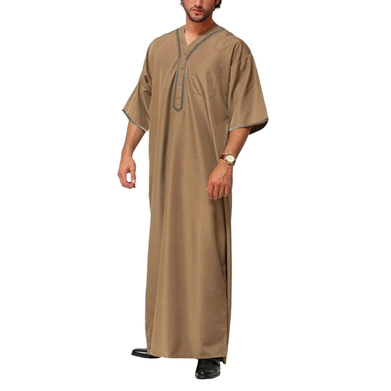 Jubah pria musim panas Muslim Jubba Thobe padat kancing Kimono jubah tengah Muslim kemeja kemeja berdiri kerah Islam Arab Kaftan jubah pria