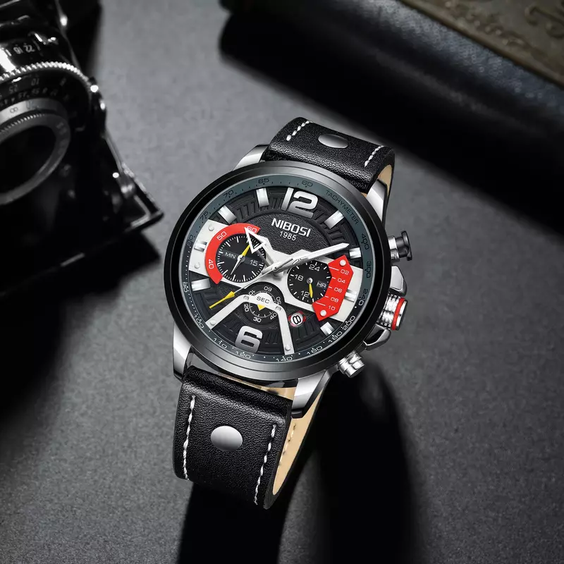 Zegarek sportowy NIBOSI na co dzień męski Top marki luksusowe duże skórzany wojskowy zegarek męski zegar moda chronograf Relogio Masculino