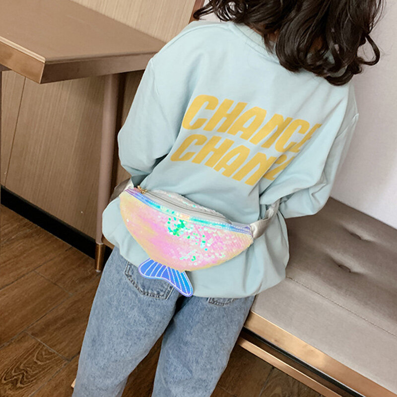 Lantejoula Fanny Pack para meninas, pequeno saco de cinto de sereia brilhante, sacos de praia infantil, moda infantil, bolsa de verão, 2022