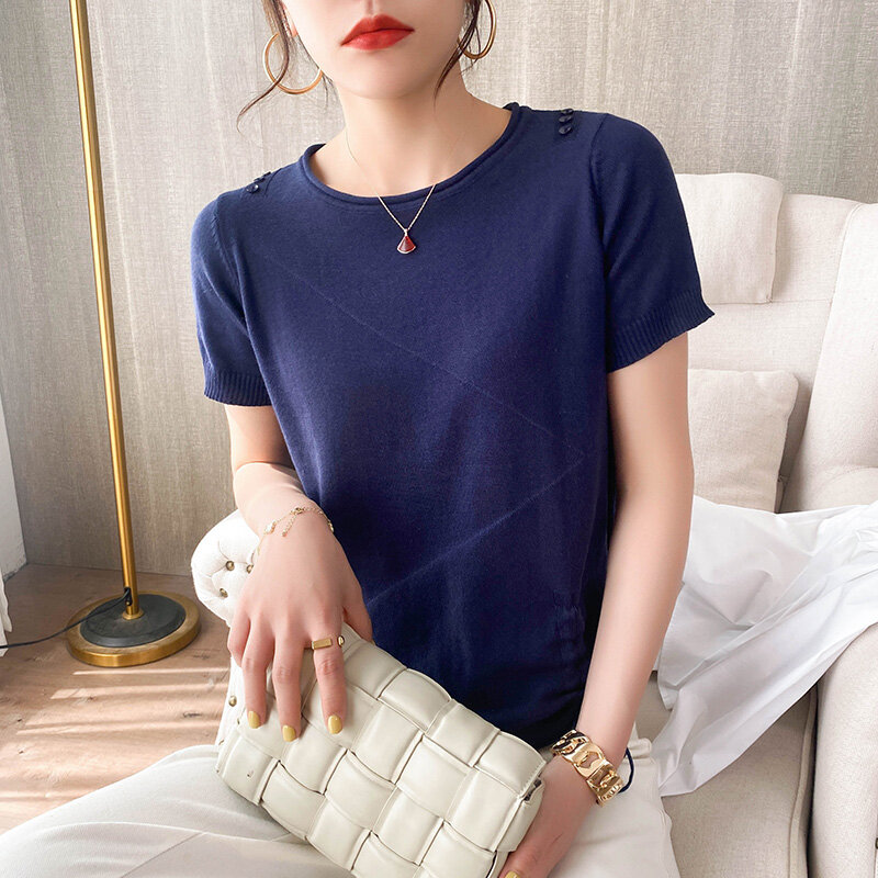 Summer Cotton T-Shirt Women's Round Neck Knitted Short-Sleeved Loose 2022 New Simple Half-Sleeved Bottoming Shirt Drawstring Top