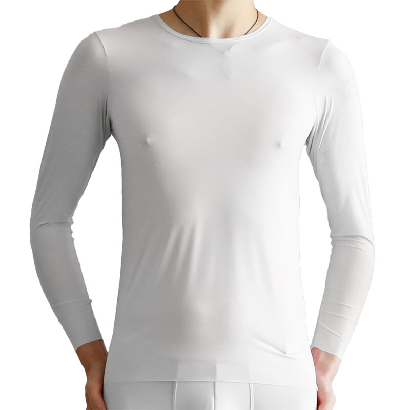 Camisola masculina confortável e confortável, blusa de seda gelo, manga longa, músculo de malha transparente, cor sólida, na moda