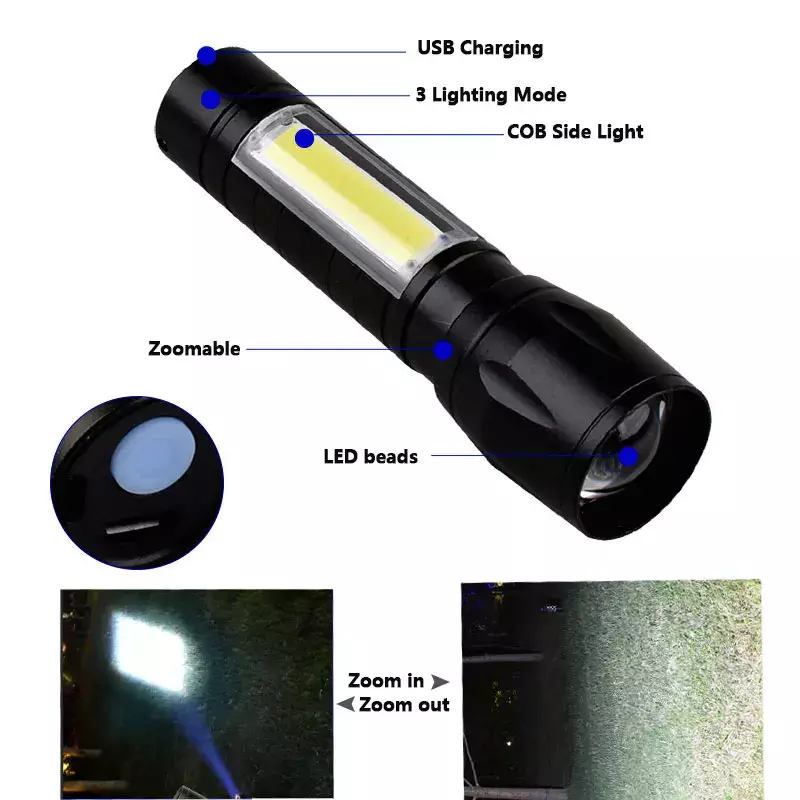 Lanterna LED recarregável USB portátil, COB + XPE, bateria embutida, tocha tática, lanternas, 3 modos, luz de trabalho, lanterna de emergência