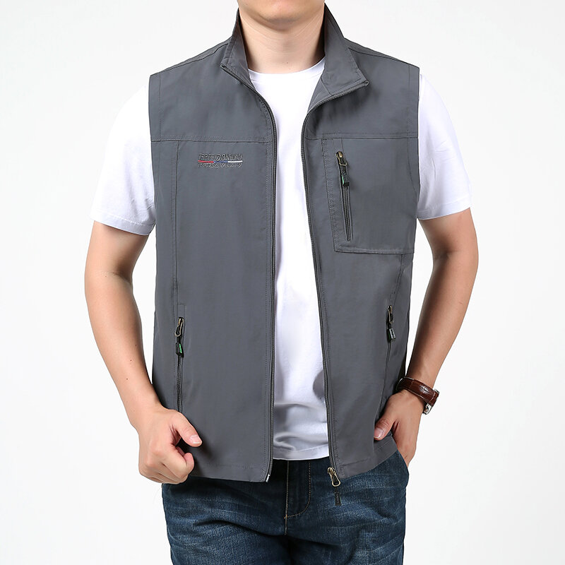 Outdoor Sleeveless Jackets Men's Clothing Casual Letter Sports Stand Collar Zipper Summer Fashion Pockets Spliced Straight Vests