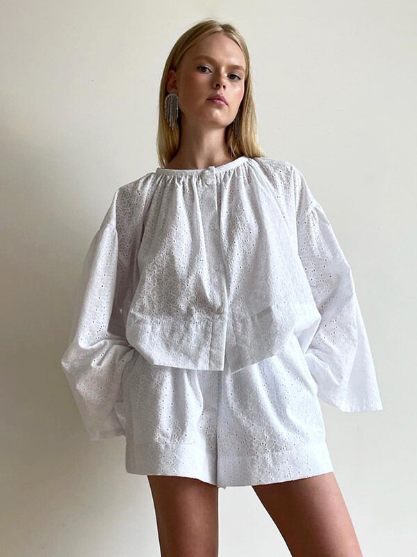 Marthaqiqi White Cotton Femme Sleepwear Suits O-Neck Nightgowns Long Sleeve Nightwear Shorts Loose Autumn Ladies Home Clothes