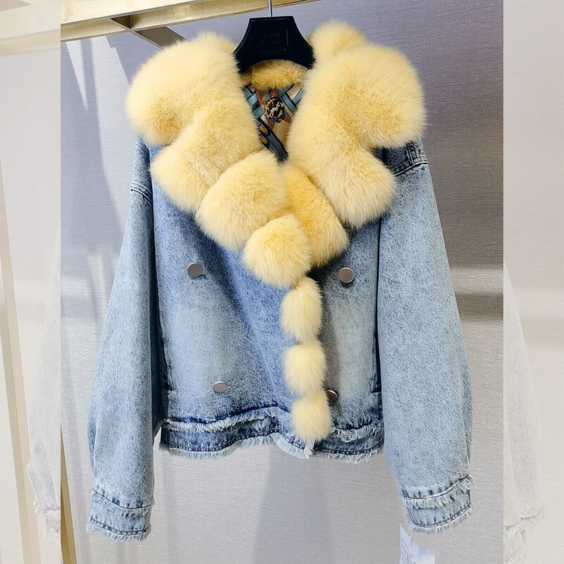 2023 Women New Genuine Fox Fur Coat Suit Collar Denim Jacket H2