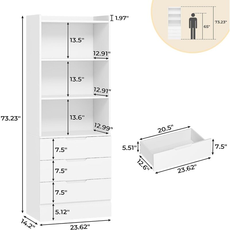 Estantería de almacenamiento de 73,23 pulgadas de alto con 3 cajones, estantería de madera abierta de 3 niveles para sala de estar, dormitorio, color blanco
