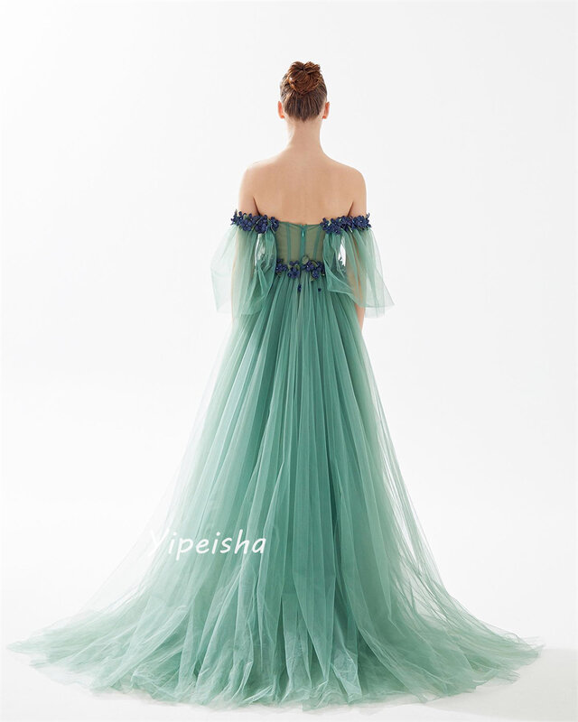 Exquisite Modern Style Off the Shoulder Ball gown Flowers Beading Draped Backless Floor-Length Tulle Evening Dresses