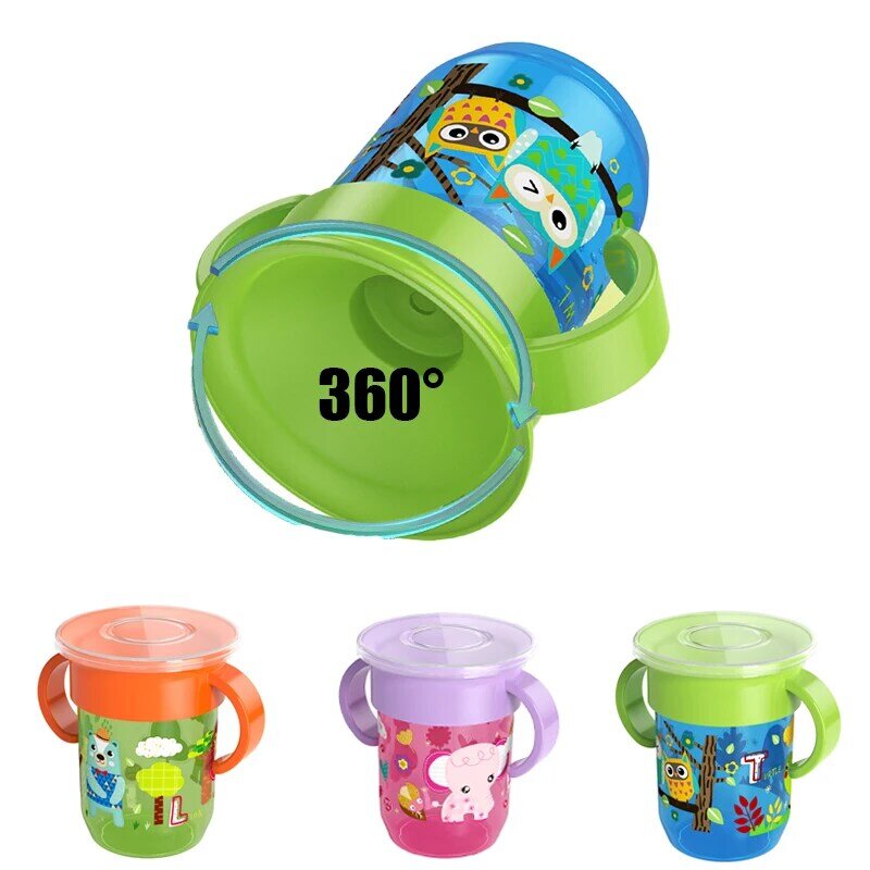 360 Вращающаяся мультяшная детская чашка для питья с двойной ручкой, с откидной крышкой, герметичная, для младенцев, не содержит бисфенола А
