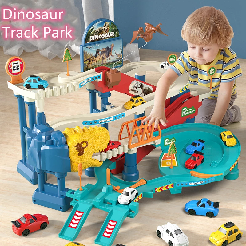 2023 Electric Dinosaur Track Park Toys Car Adventure Curved Road Rail Vehicle Parking Lot Kids Boys Interaction Games Kid Gift