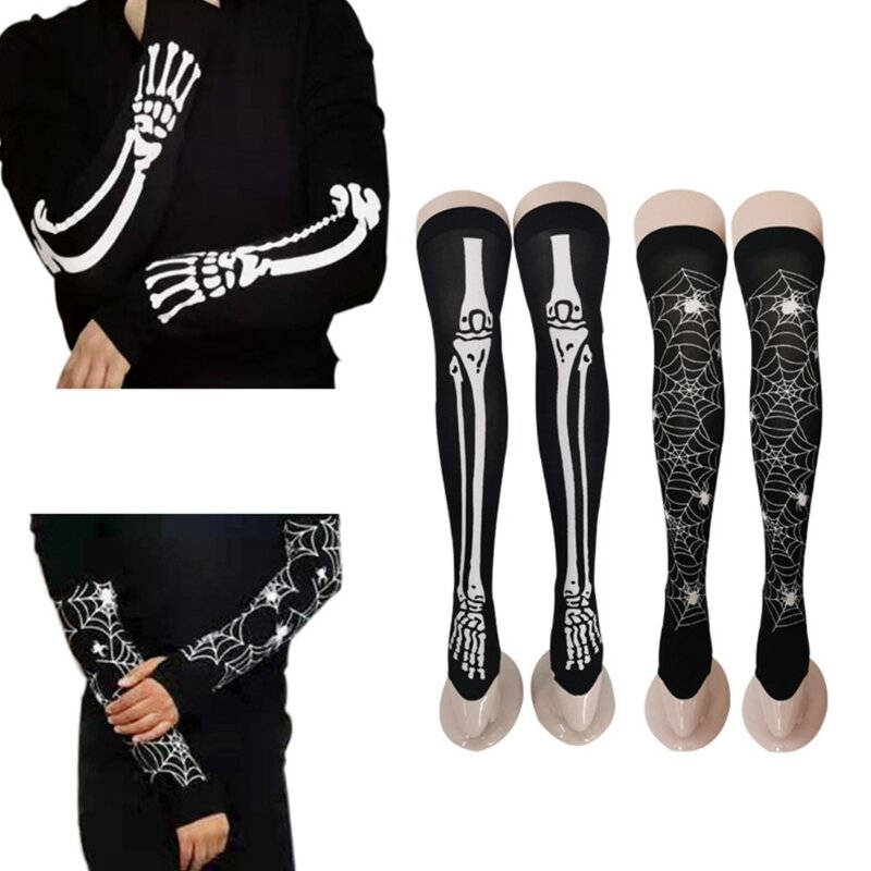chaussettes à manches sanglantes, 2 paires, squelette fête d'halloween, toile d'araignée, bas genou, H9ED