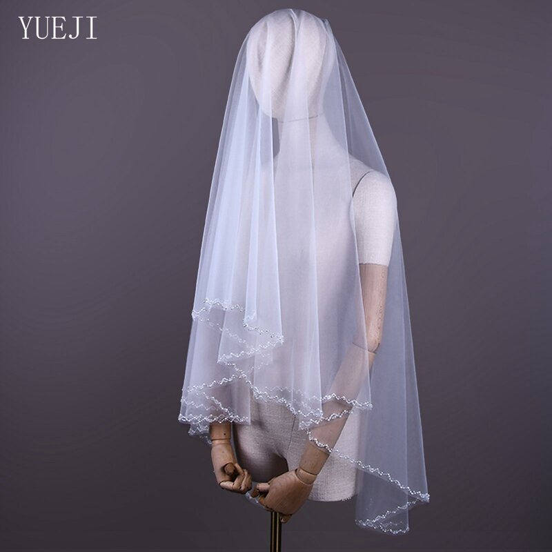YUEJI-Double Layer mão-frisada véu nupcial, casamento blush, tule macio, branco, ponta do dedo, borda de cristal, pente, 0121