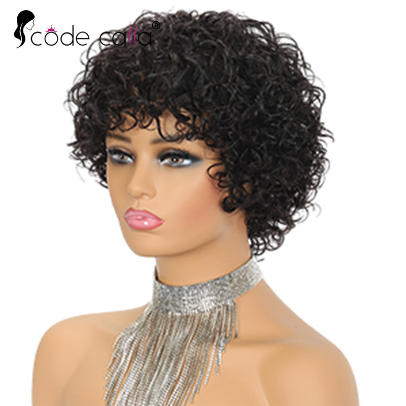 Wig tanpa lem pemakaian untuk Wig rambut manusia keriting Afro keriting dengan poni pendek rambut manusia Remy Brasil mesin dibuat untuk wanita