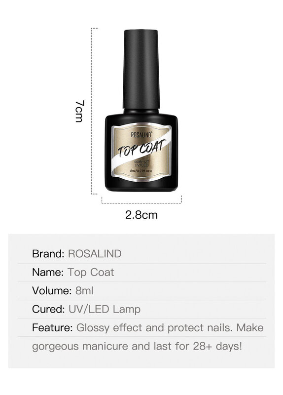 ROSALIND 8ml Top Coat Gel Polish Shiny Soak Off For Manicure Nails Art Decorations Varnish Top Coat UV Gel