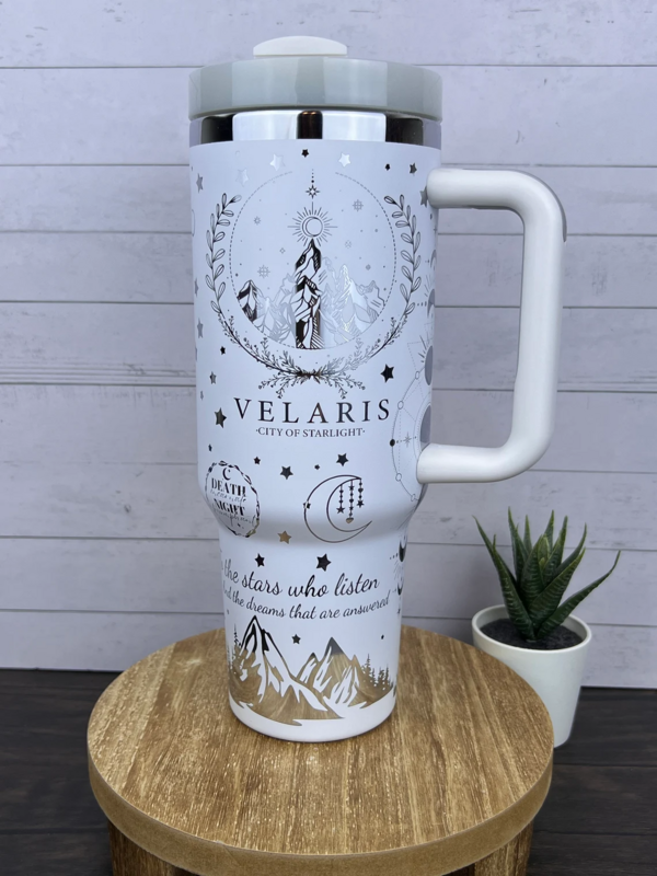 Vaso Velaris de 40 onzas con asa, taza de acero inoxidable con grabado láser, con manchas frías y calientes, regalo de ACOTAR City of Starlight