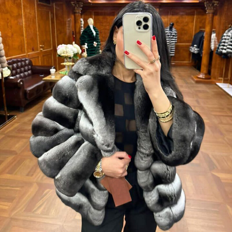 Real Rex Rabbit Chinchilla Fur Coat para mulheres, roupas luxuosas, jaquetas de inverno