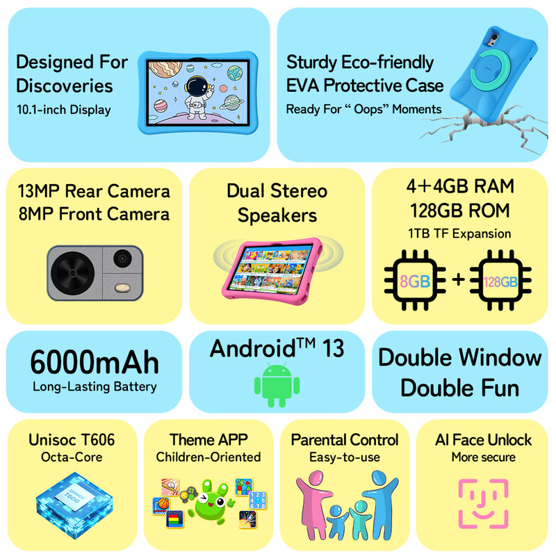 Uacity-Tablette pour enfants IGI G5 Tab, Tablettes pour enfants, Android 13, 10.1 pouces, Façades Core, ApprentiCumbria, 4 Go, 128 Go, 6000mAh, Première mondiale