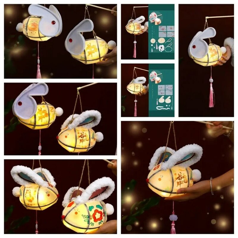 Lentera Festival Pertengahan Musim Gugur bersinar DIY buatan tangan bercahaya lentera kelinci genggam gaya Tiongkok bentuk kelinci Chidlren