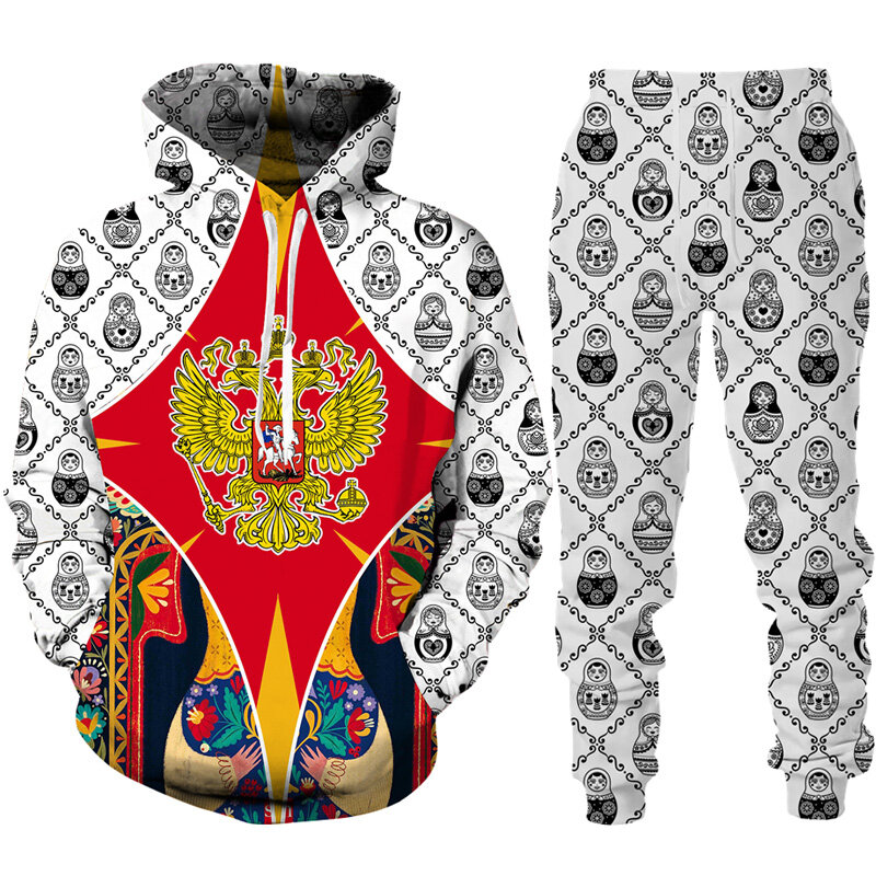 Conjunto de chándal con estampado 3D de bandera rusa para hombre y mujer, Sudadera con capucha y pantalones informales de gran tamaño, conjunto de 2 piezas con emblema nacional de Rusia, ropa de calle de moda